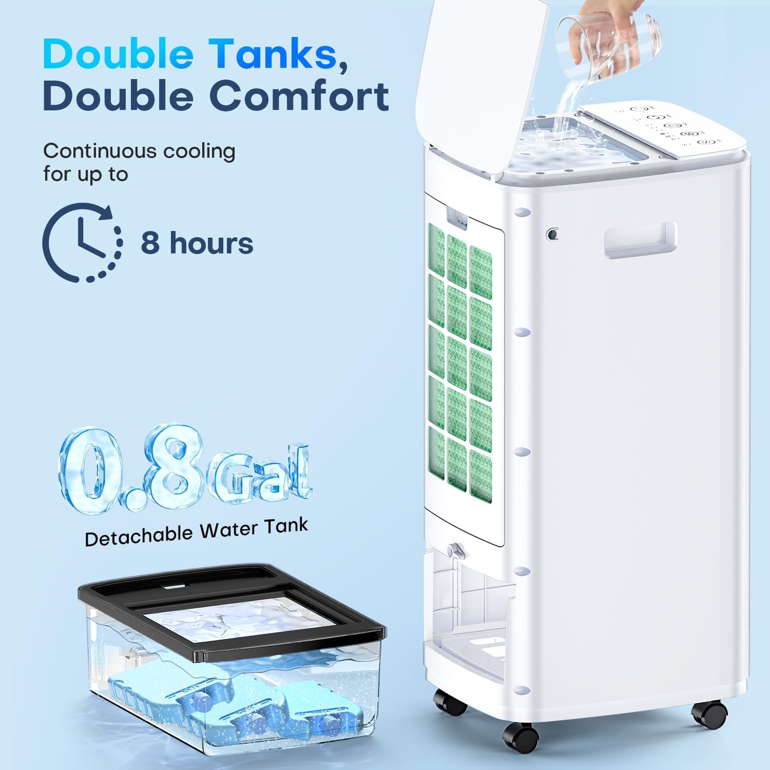 3-IN-1 Windowless Air Conditioner w/Double Tanks, Smart Timer, 3 Ice Packs, 60W Evaporative Air Cooler, 70° Oscillation, 3-Speed 25-INCH Swamp Cooler Air Conditioner Portable for Room