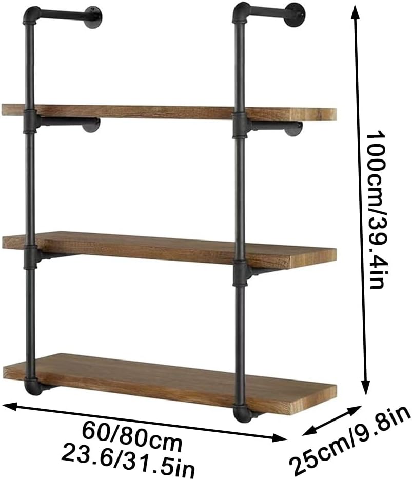 Solid Wood Floating Bookshelf, 3-Tier Hanging Spice Rack with Metal Frame, Industrial Pipe Shelving for Kitchen, Living Room, Modern Mug Rack Wall Mounted(80cm-31.5in)