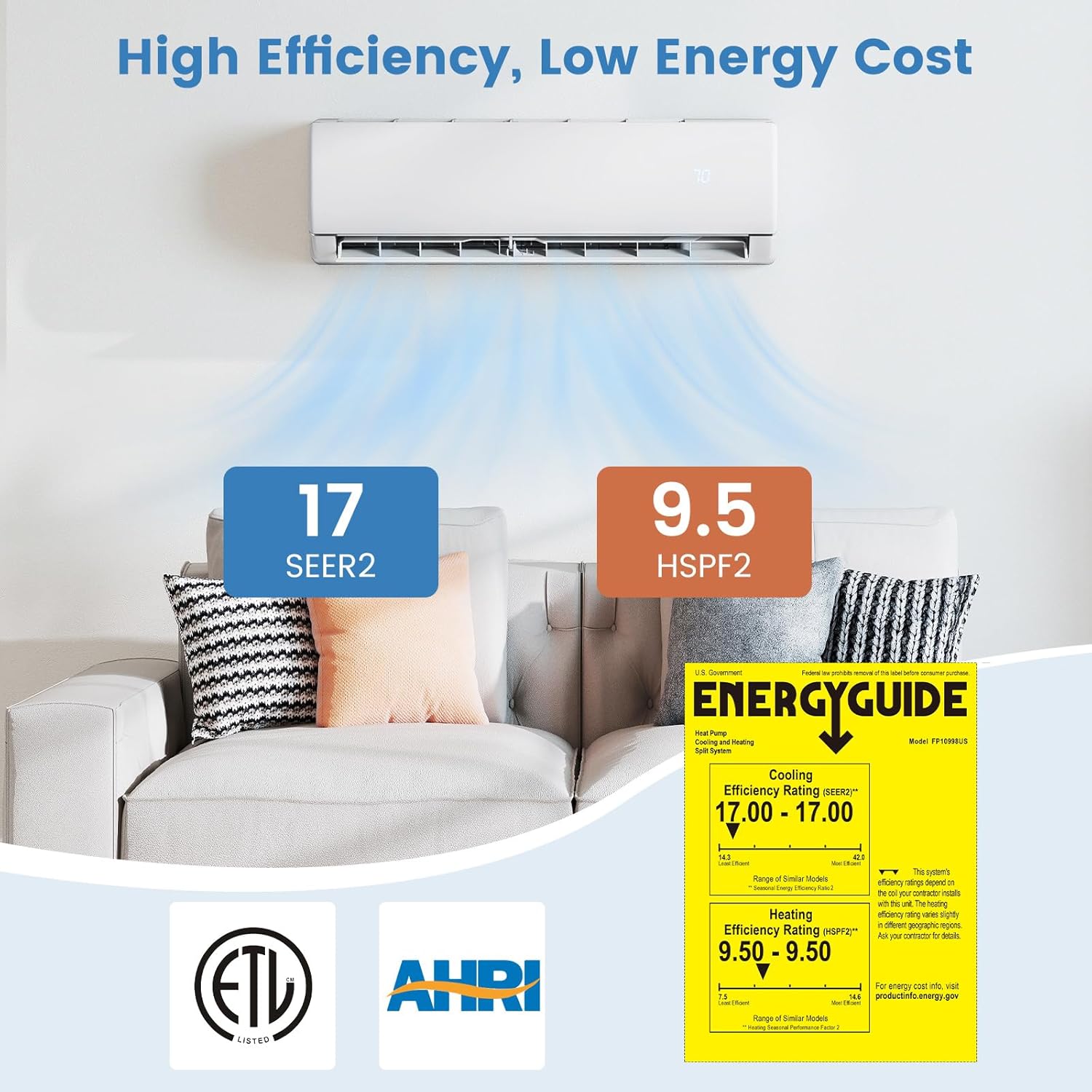 ARLIME 23000 BTU Mini Split AC, Wifi Enabled Air Conditioner with Inverter & Heat Pump, Works with Alexa, Energy-saving Quiet Ductless Wall AC Unit with Installation Kit, 17 SEER2 (23000BTU 208~230V)