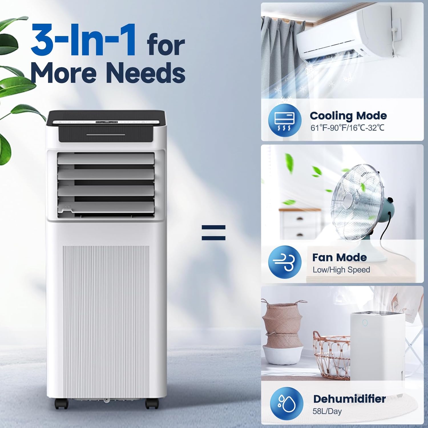 Portable Air Conditioners, 10000 BTU Portable AC up to 450 Sq.Ft, 3 in 1 AC Unit with Cool, Dehumidifier & Fan Modes, Remote Control & 24H Timer, AC Unit for Bedrooms, Living Rooms & Apartments