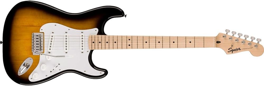Squier Sonic Stratocaster Electric Guitar 2-Color Sunburst, Maple Fingerboard, White Pickguard Bundle with Fender Logo Guitar Strap Black, Fender 12-Pack Celluloid Picks, and Instrument Cable