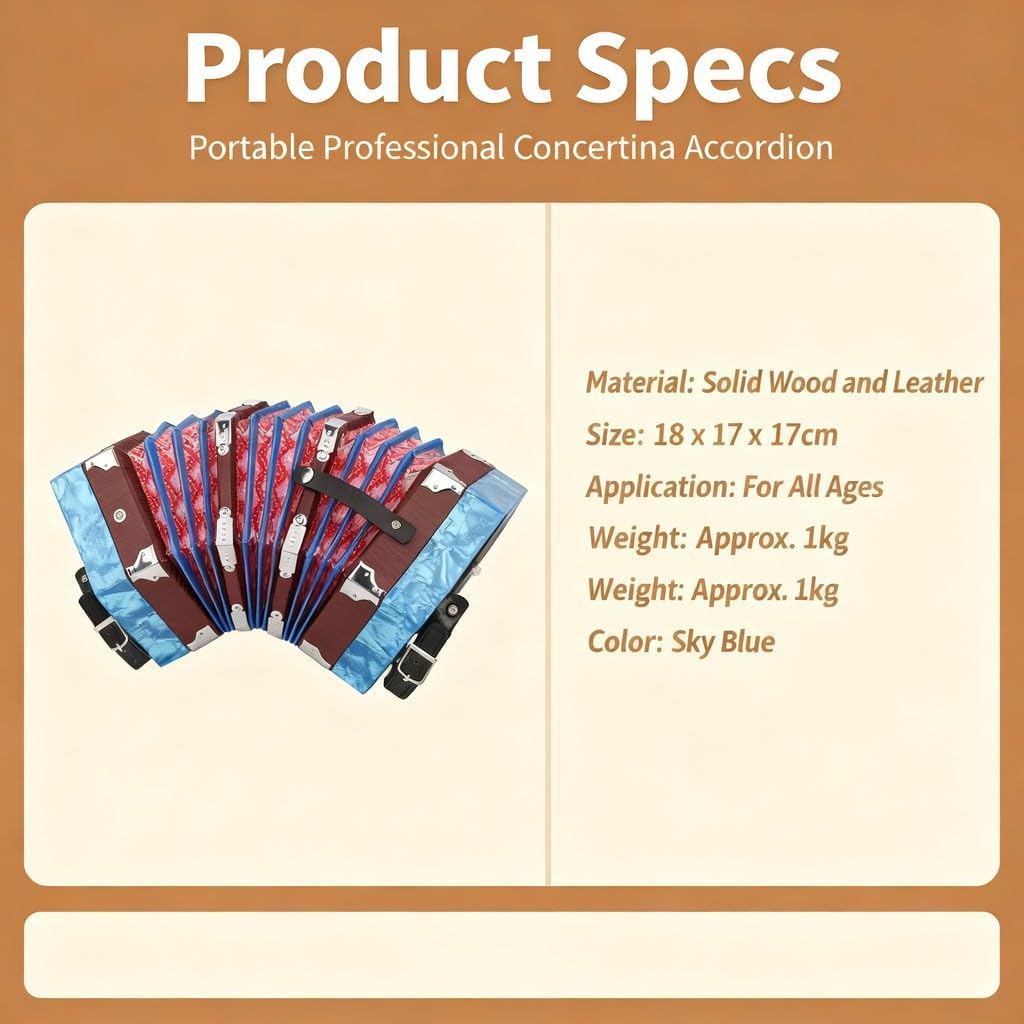 Mini 17 - Key Anglo Concertina Accordion for Adults and Beginners, Blue Portable Wooden Squeeze Box - Adjustable Strap, Lightweight, for Zydeco and Folk Music (Blue)