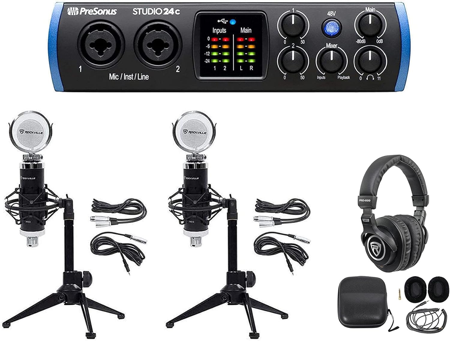 Presonus STUDIO 24C 2x2 USB-C Audio MIDI Recording Interface, 2 XMAX Mic Preamps Bundle with Rockville RCM03 Pro Recording Condenser Mic, PRO-M50 Studio Headphones and RDTS Tripod Mic Stand