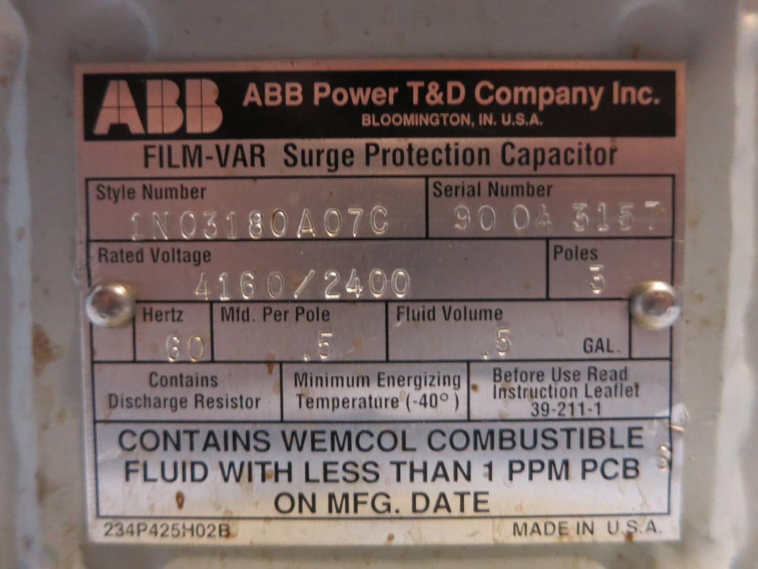 ABB 1N03180A07C 180 kVAC 4160/2400 V 3 Pole Film-VAR Surge Protection Capacitor