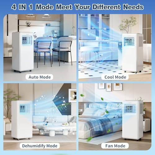 JINJUNYE 10,000 BTU Portable Air Conditioners 4 IN 1 with 7 Colors LED Light, Portable AC Unit Dry, Fan, Sleep Mode, Cools Up to 450 Sq.Ft, 24H Timer, Window Kit, Not Include Battery KF450062-1