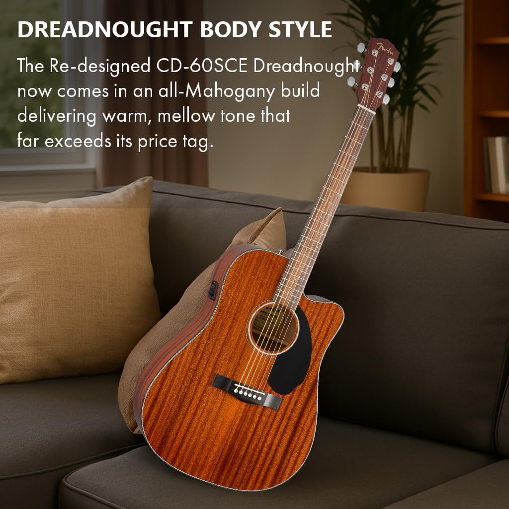 Fender CD-60SCE Solid Top Dreadnought Acoustic-Electric Guitar - All Mahogany Bundle with Gig Bag, Instrument Cable, Tuner, Strap, Strings, Picks, Polishing Cloth and Austin Bazaar Instructional DVD