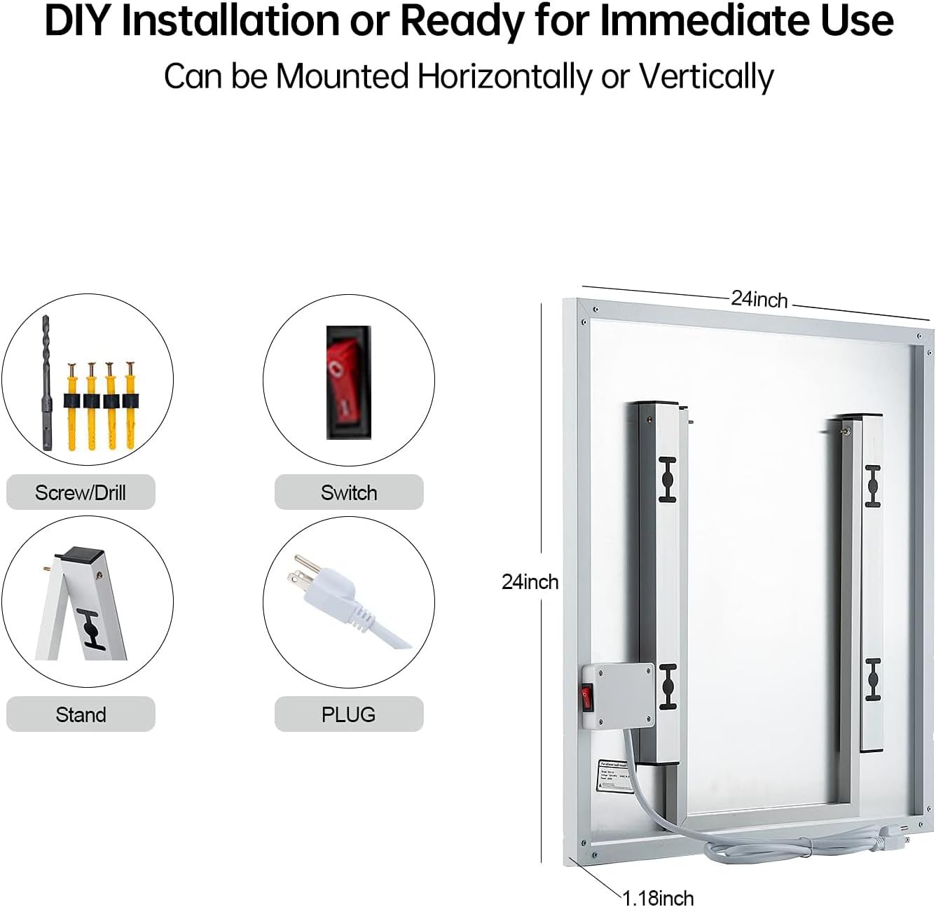 Wall-Mounted 120V 350W Space Heater Panel with Convection Heating ‒ Portable with Stand, Energy Efficient, Overheat Protection ‒ Ideal for 110 Sq. Ft.Rooms (24 x 24 x 1.18 inches)