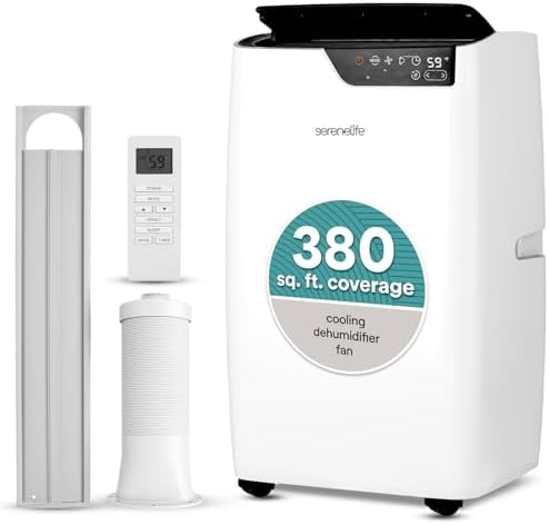 SereneLife 12000 BTU Portable Air Conditioner 3-in-1-115V Compact Standing Air Conditioner for Room Up to 380 Sq. Ft. Floor AC Unit with Touch Control Panel, Remote Control - Window Mount Kit