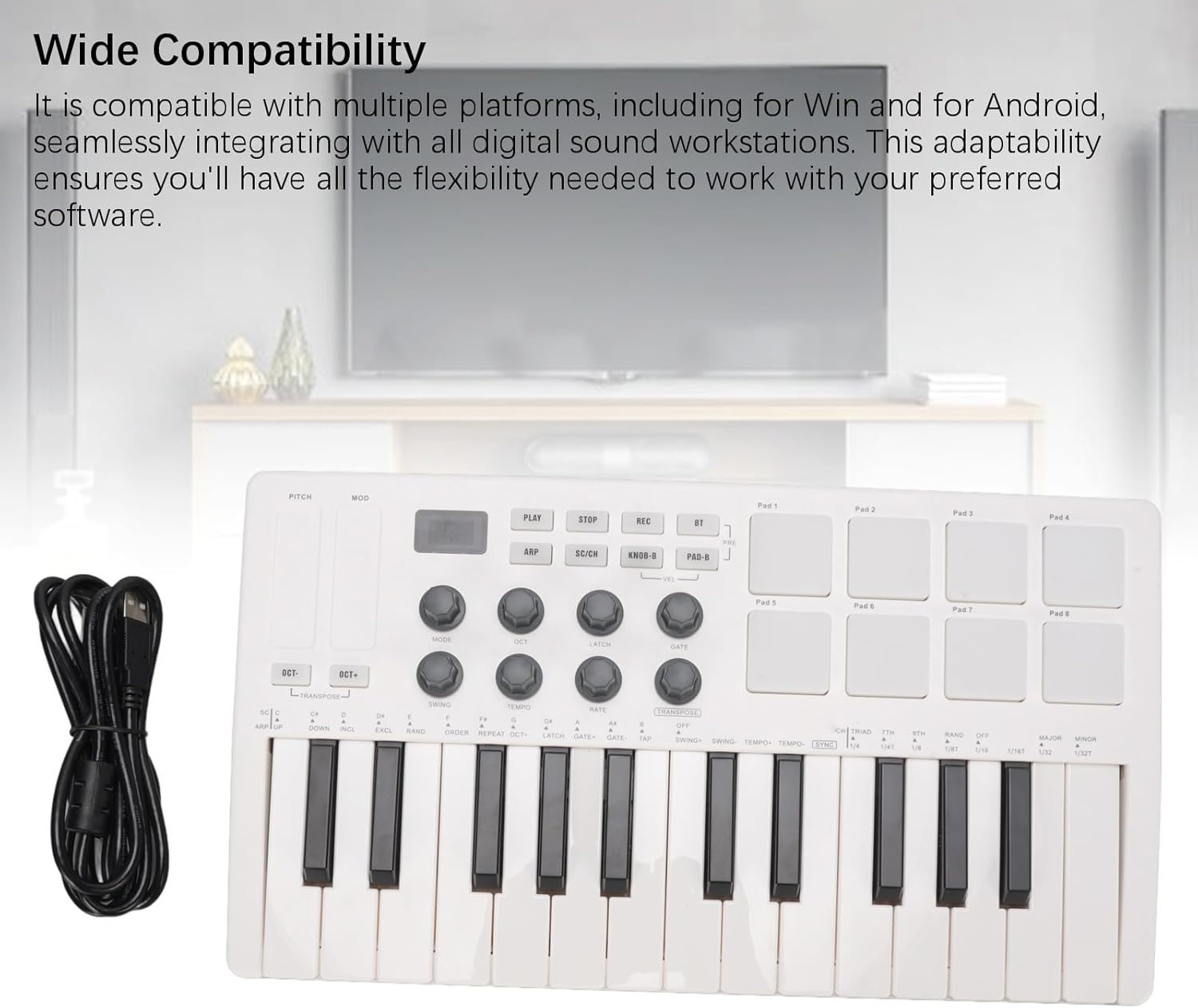 25 Keys Midi Keyboard Controller, Portable Beat Maker Machine with 8 Backlit Drum Pads, 8 Knobs, Wireless Midi Keyboard For Music Production