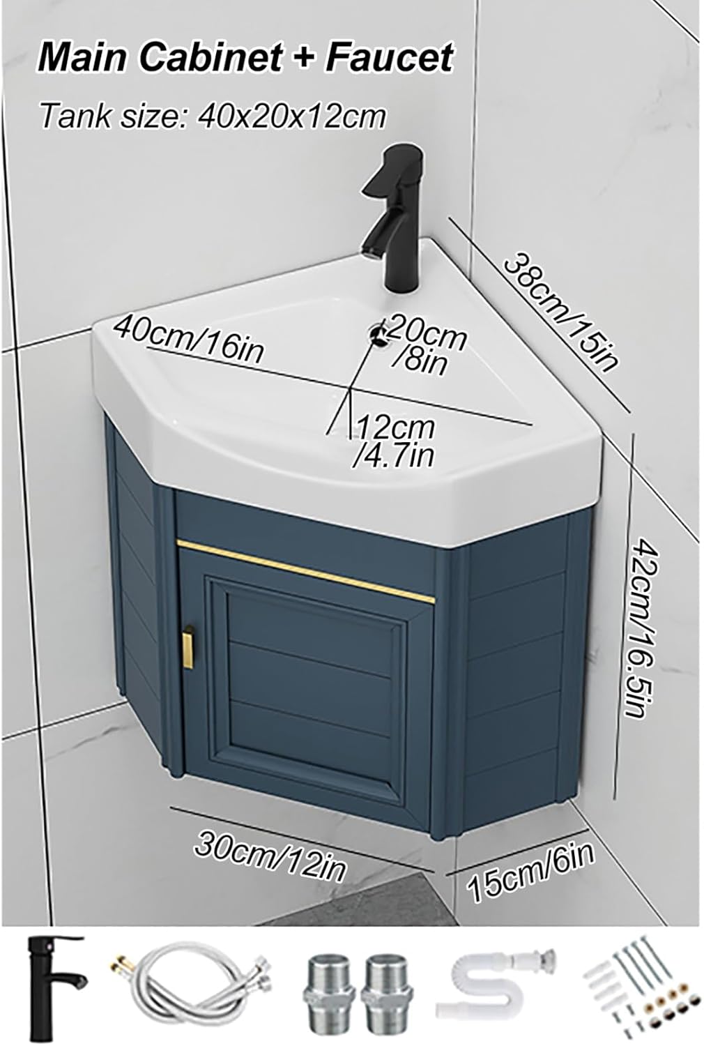 Ceramic Wall Mount Sink Corner Mounted Bathroom Cabinet Set with Drainer Unit and Cold Hot Water Pipe Faucet for Small Space Laundry Room,38x38x42cm
