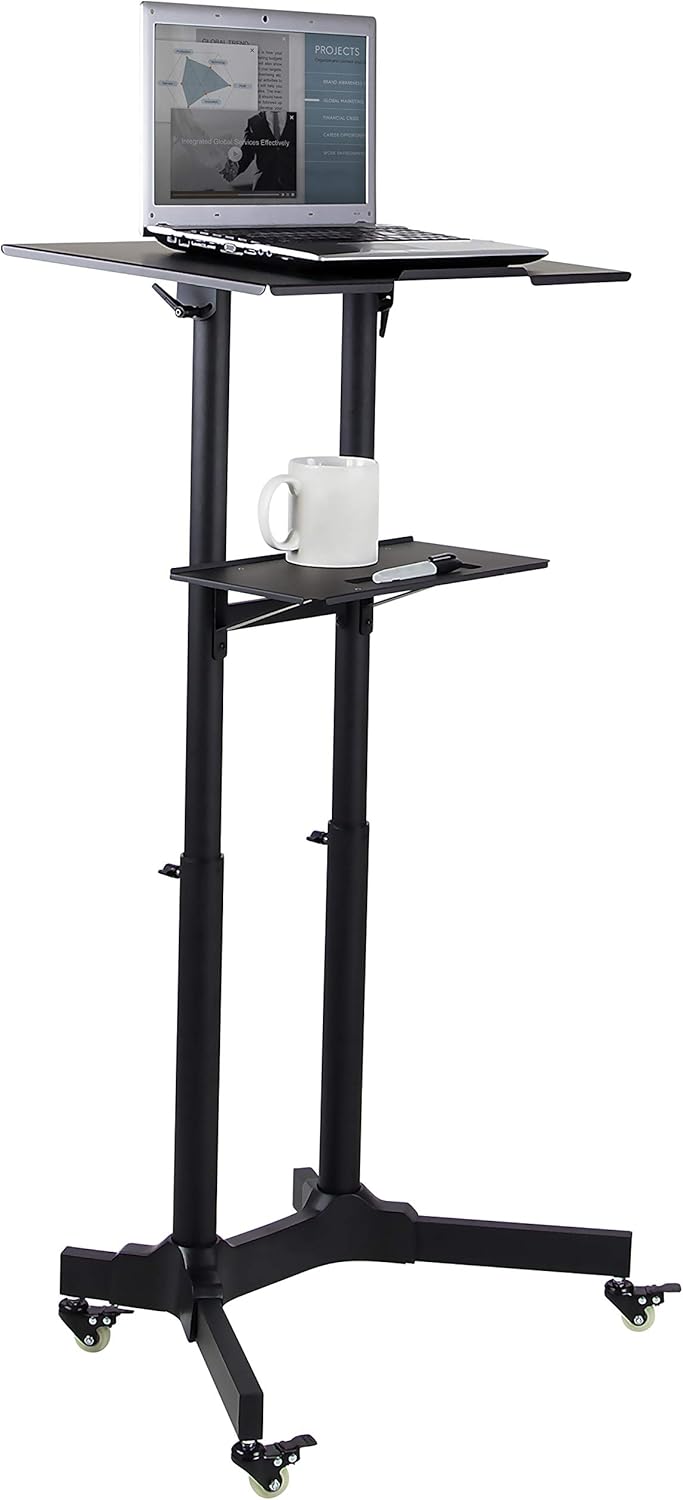 Mount-It! Mobile Podium Stand with Wheels, Adjustable Height Rolling Lectern, Portable Standing Desk with Tilted Shelf and Storage for Office, Classroom, and Presentations