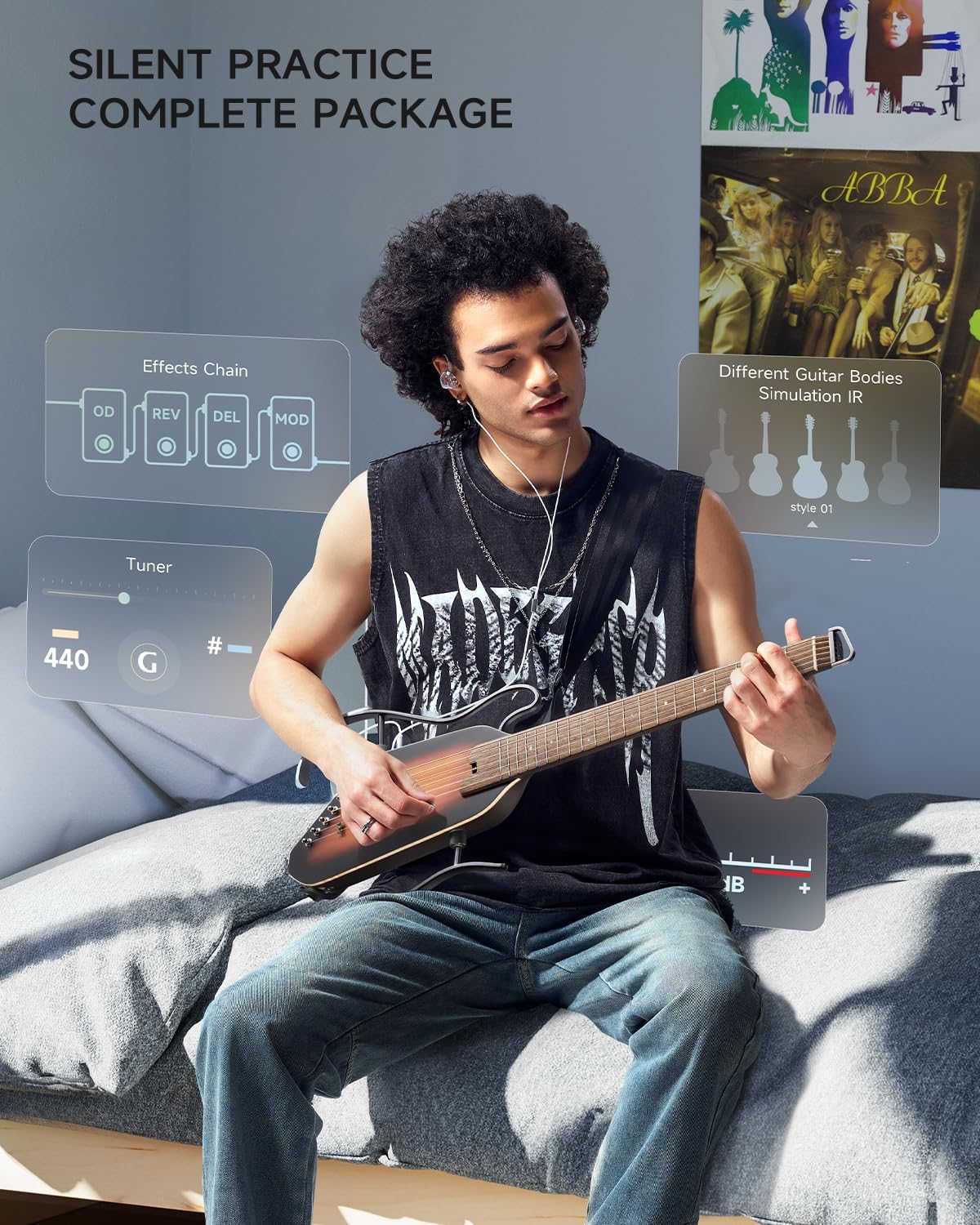 Donner Acoustic Electric Guitar HUSH I PRO Travel Guitar with Multiple Effect Modes Smart Guitarra Kit of Earphone, Gig Bag, Strap, Charging Cable, Sunburst