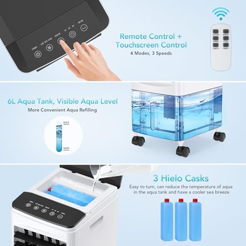 Portable Air Conditioners, 3-IN-1 Evaporative Air Cooler, 2.5 Gal Fast Cooling Portable AC Unit w/Remote & Timer, 3 Speed Quiet Swamp Cooler, Windowless Air Conditioner Fan for Room Office (White)