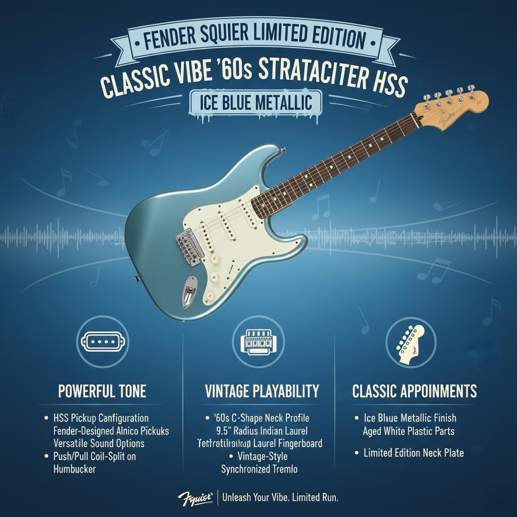 Fender Squier Limited Edition Classic Vibe '60s Stratocaster HSS Electric Guitar (Ice Blue Metallic) Bundle with Accessories (17 Items)