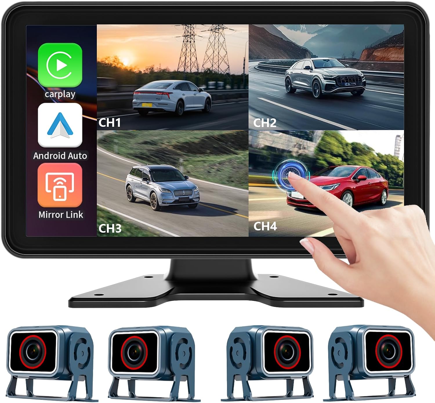 10.1'' Touch Screen 4CH 1080P Car Dash Cam DVR Backup Camera System FM Radio Built-in Speaker Wireless Apple CarPlay Android Auto Link Audio Output Playback for Truck Caravan Trailer Motorhome RV