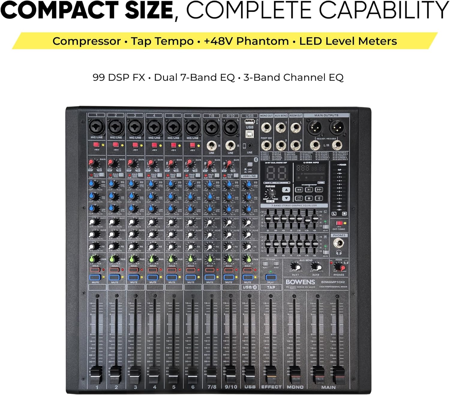 BOWENS PRO 6000W 11-Channel Powered Mixer | Professional Audio Mixer with Dual Class-D 650W RMS Amplifiers, 99 DSP Effects, USB Recording & Playback, Bluetooth 5.0, 3-Band EQ & Compressor