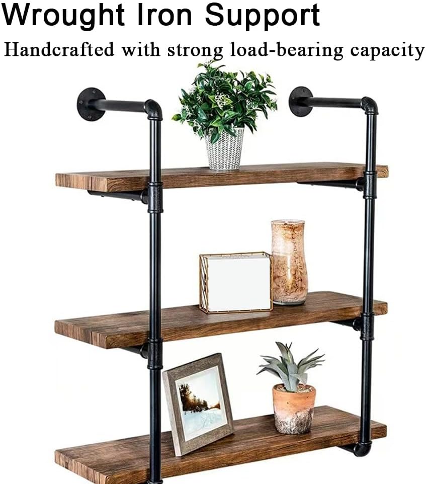 Solid Wood Floating Bookshelf, 3-Tier Hanging Spice Rack with Metal Frame, Industrial Pipe Shelving for Kitchen, Living Room, Modern Mug Rack Wall Mounted(80cm-31.5in)