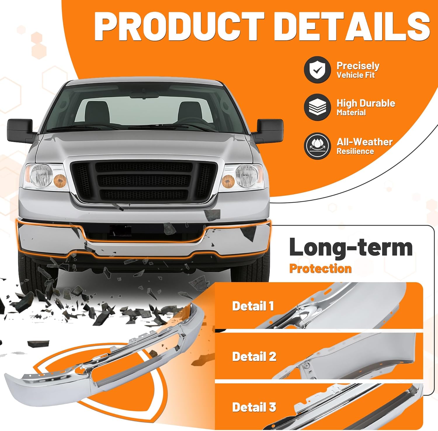 KUAFU Front Bumper Face Bar w/o Fog Light Cutouts Compatible with 2004-2006 Ford F-150 Direct Replacement for 4L3Z17757AA FO1002388 Mounting Accessories Not Included Steel Chrome Silvery