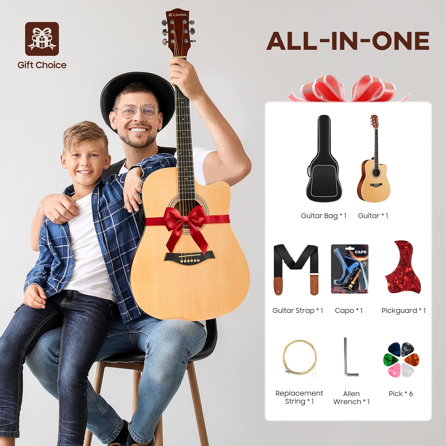 CAHAYA Acoustic Guitar Beginner Kit - 41in Adult All Wood Starter Set Includes with Thickened Gig Bag Capo Pickguard Strings Picks Strap for Kids Teenager Students Natural