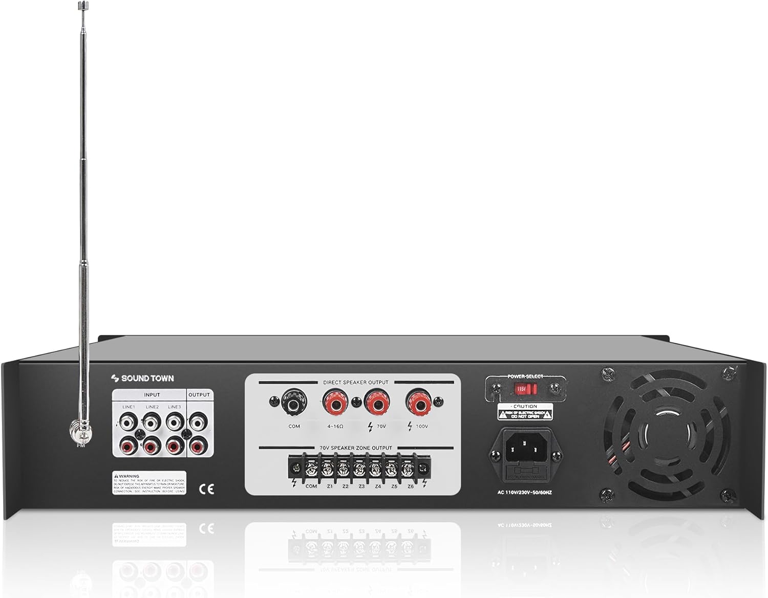 Sound Town Commercial Restaurant Bluetooth Amplifier + Surface-Mount Speaker Set, with One 6-Zone 70V/100V Amplifier with Bluetooth, 4 x 5.25-Inch Surface-Mount Speakers, Black (PAC180X4MS5B)