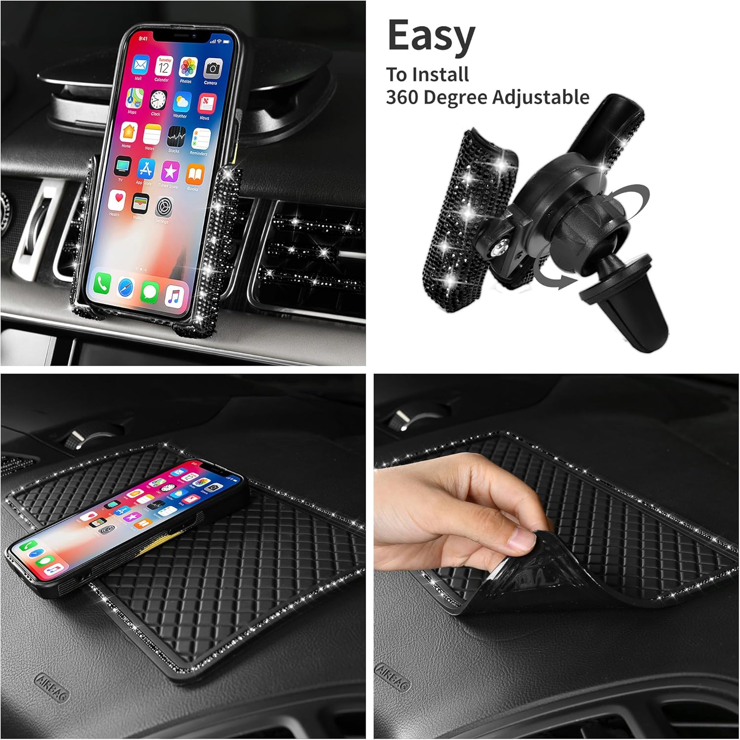 CAR PASS 34 PCS Bling Diamond Car Accessories Set for Women, Leather Car Seat Covers Steering Wheel Covers 15'', USB Charger Phone Holder Shining Rhinestone Sparkly, Cute Interior Decorations, Black