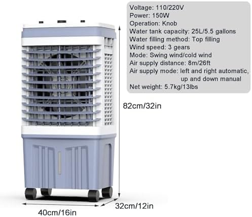 Swamp Cooler Air Conditioner, Portable Evaporative Air Cooler with 3 Speeds, Portable Ac with 5.5 Gal Tank for Patio Garage Commercial