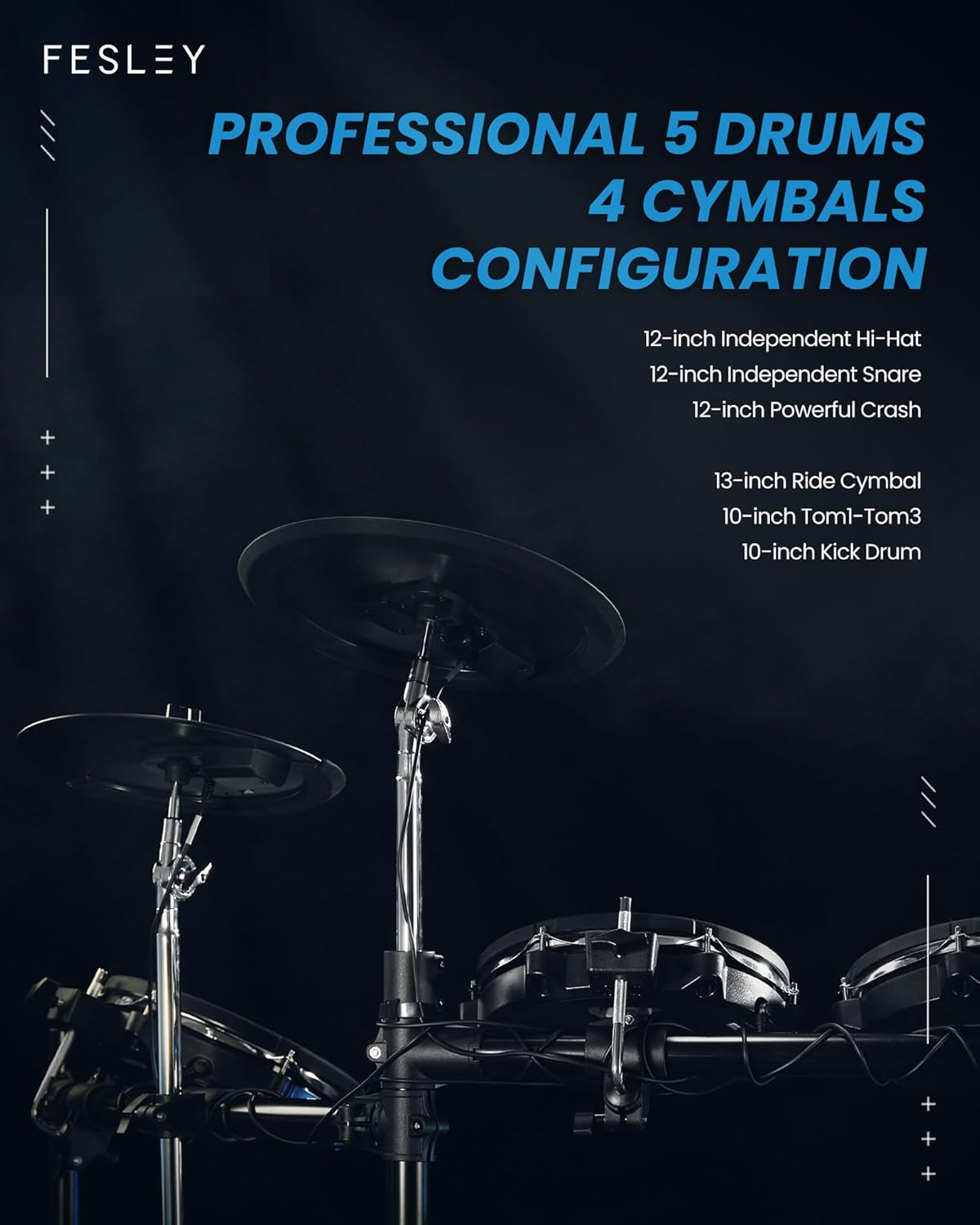 Fesley Electric Drum Set with Independent Hi-Hat Snare Drum: Full Size Electronic Drum Set with Mesh Dual Zone Drum Pad, Drum Set with Bluetooth MIDI Function, Throne, Headphones, Sticks, Black