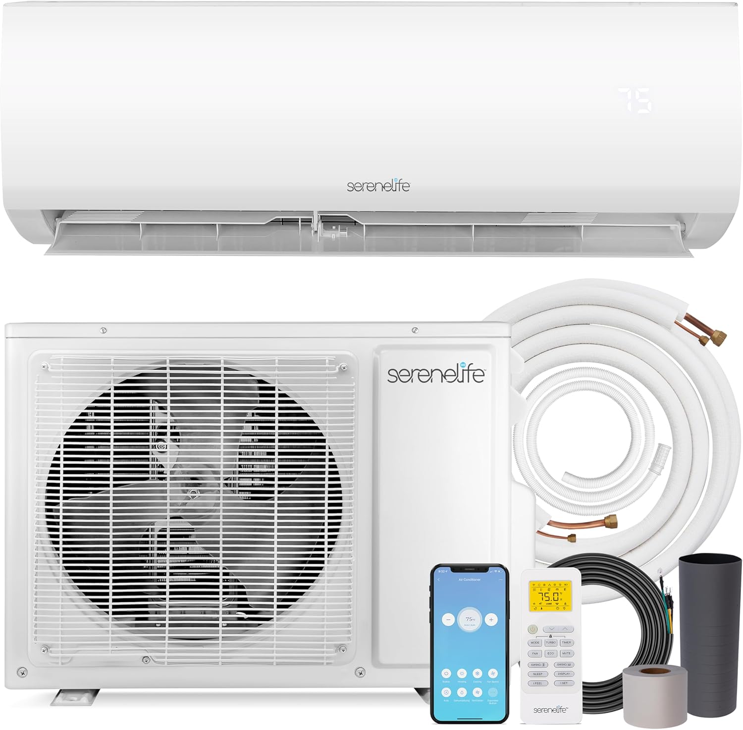 SereneLife 12,000 BTU Mini Split AC & Heating System, 115V Indoor & Outdoor Wall-Mounted Units with WiFi, Installation Kit Included for Home, Office & Bedroom, Up to 550 Sq. Ft. Coverage