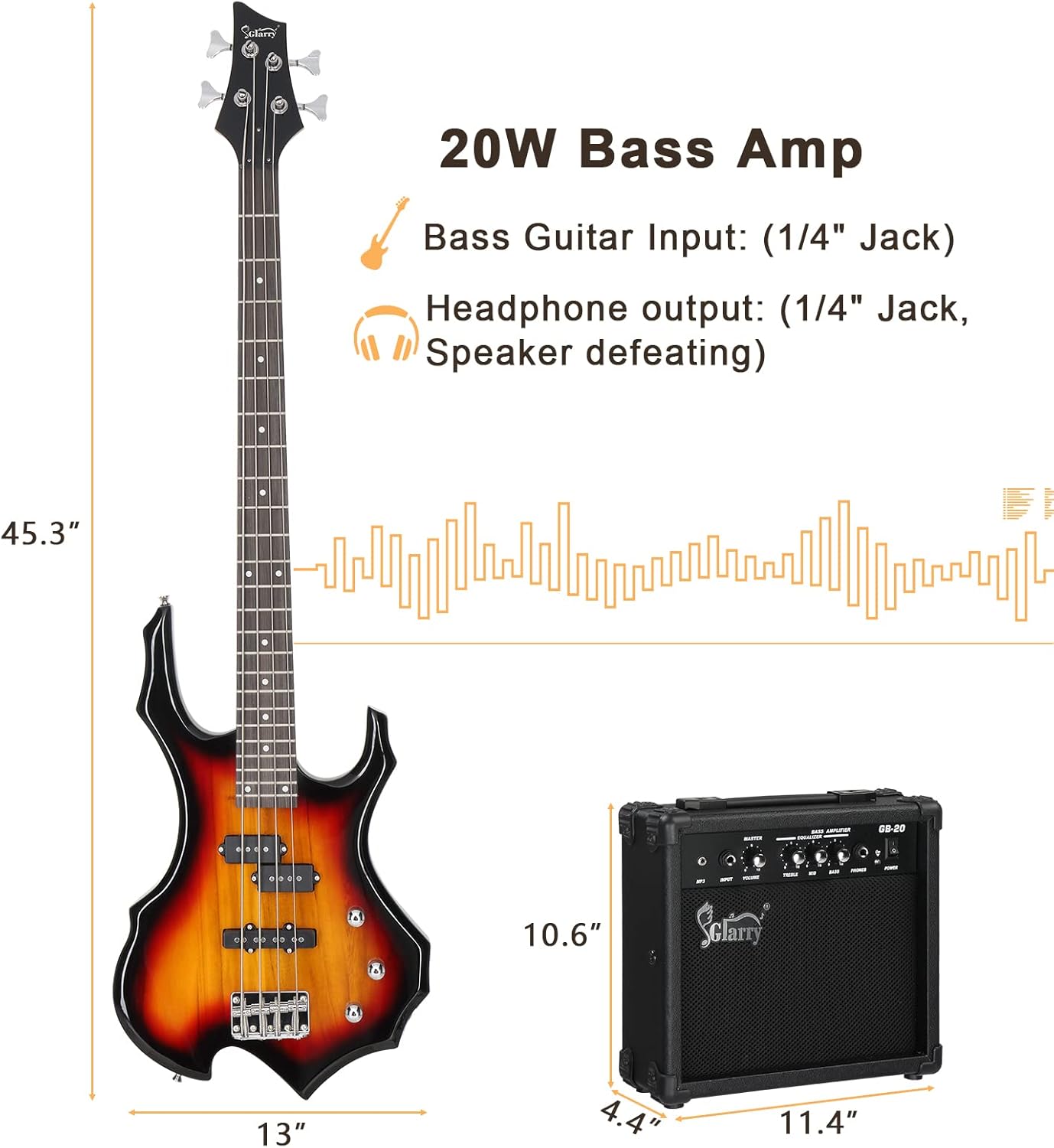 GLARRY Electric Bass Guitar 4 Strings Buring Fire Style Single Coil - Split Single Coil Pickups for Beginner Adults Right Hand w/ 20W Amp, Bag, Strap and Cord (Sunset)