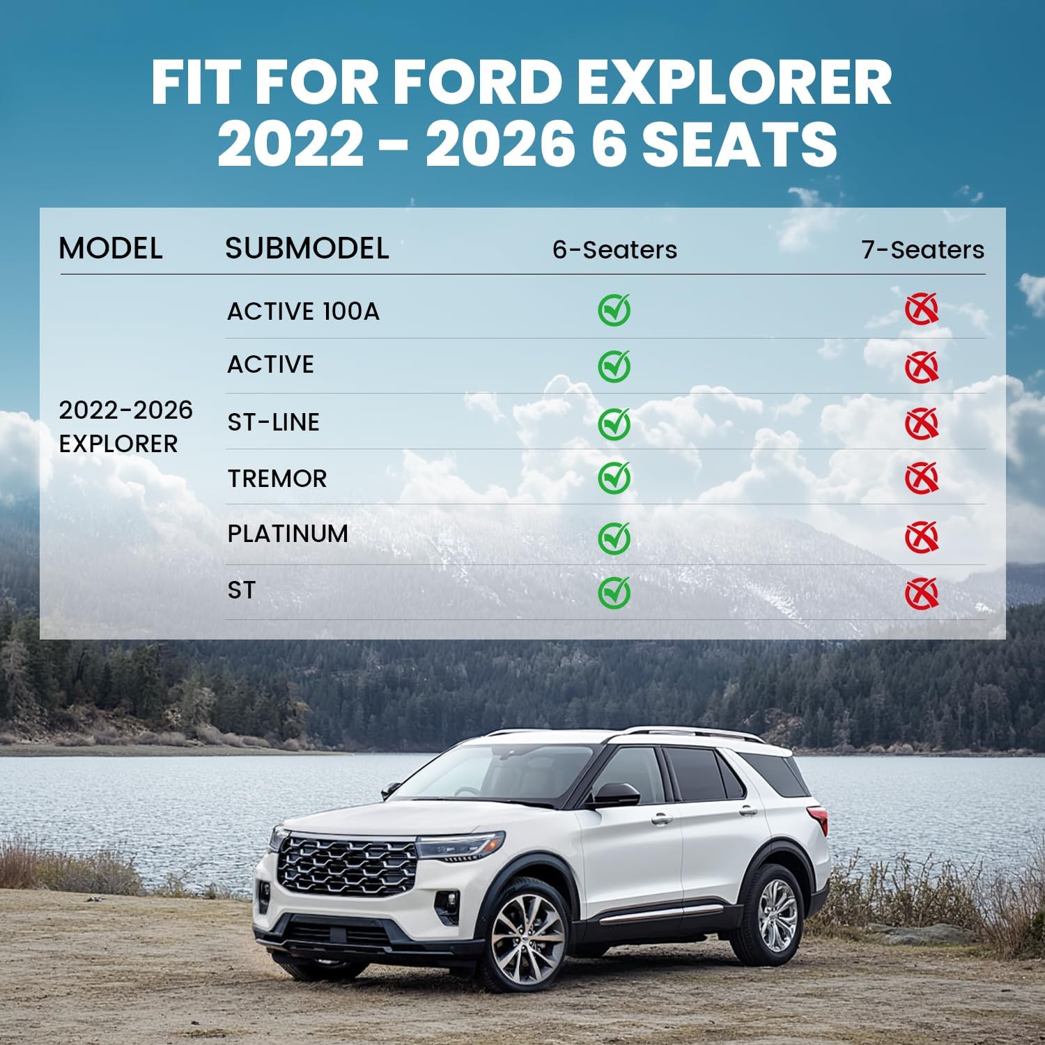 LASFIT Floor Mats for Ford Explorer 6 Seats 2026 2025 2024 2023 2022, Custom Fit All Weather TPE Protector 3 Rows Floor Liners, Easy Clean Anti Slip Waterproof Accessories Black