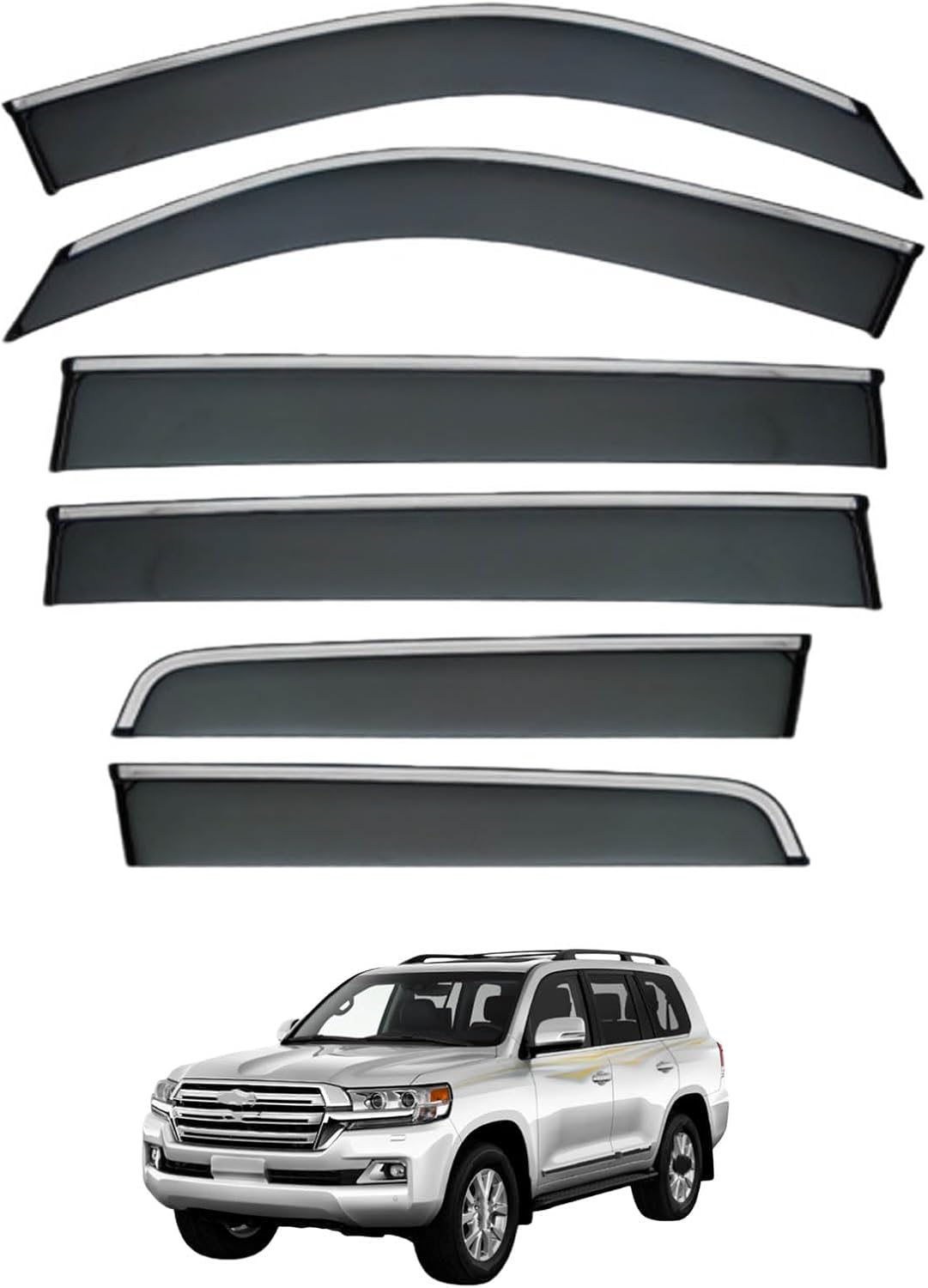 Window Deflectors for Land Cruiser LC200 MK9-J200 2008-2020, Sun Rain Guard Window Visors Vent Shades with Bright Stripes Car Accessories,6PCS