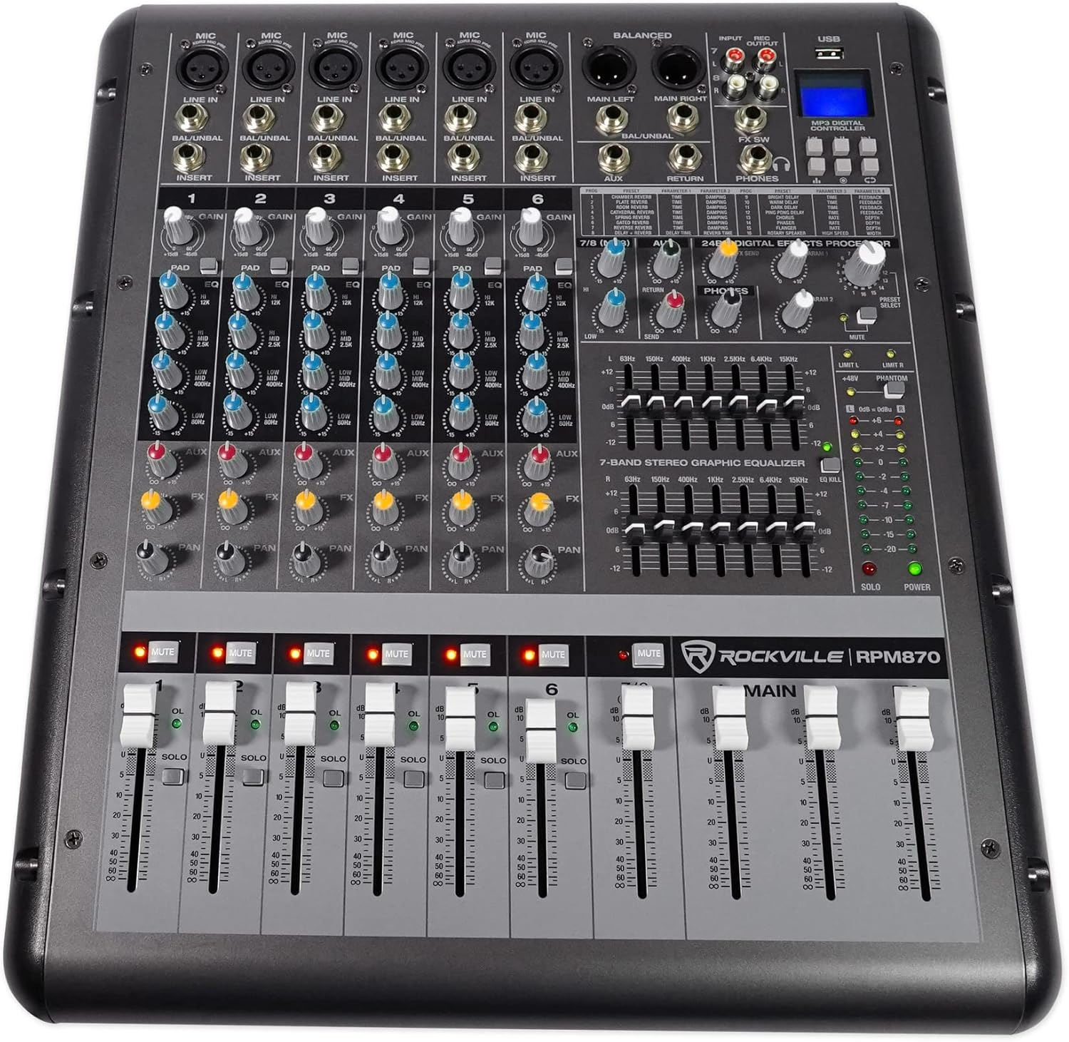 Rockville RPM870 6000w Powered Mixer, 8 Channel, 8 XDR2 Mic Pres, USB, 24-Bit Effects, Bluetooth, for Live Bands and DJs
