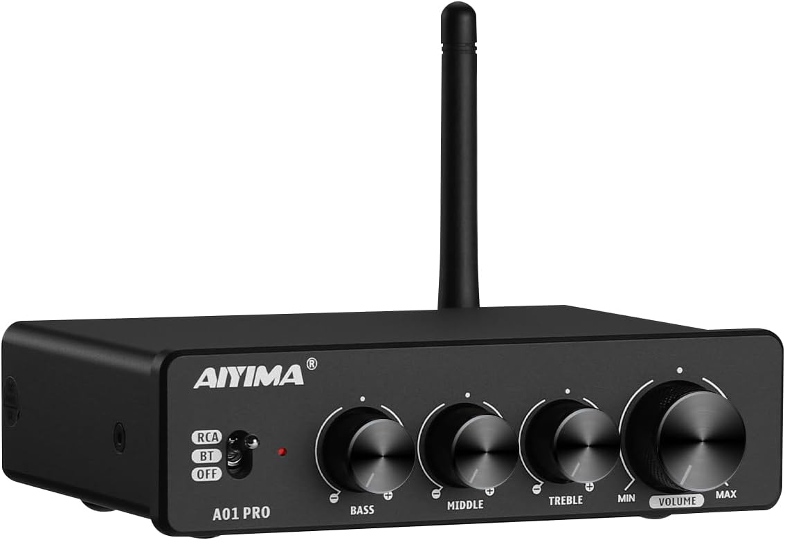 AIYIMA A01 Pro 100W x 2 Power Amplifier Bluetooth 5.1 Class D Amp TPA3116 2.0/2.1 Channel Stereo Amplifier Receiver Mini Speaker Amp with 3.5mm AUX Output + DC24V Power Adapter Black