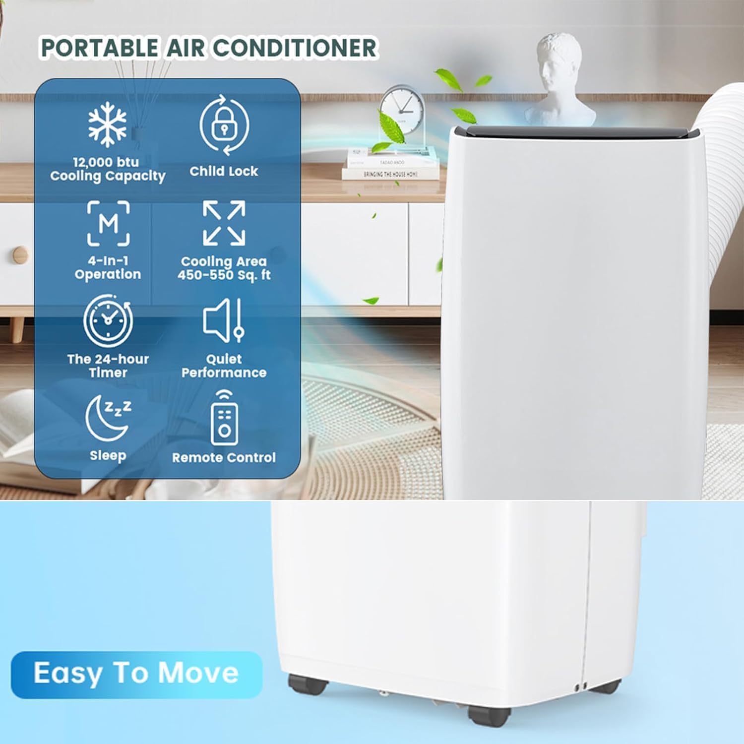 12,000 BTU Portable Air Conditioner, 3-In-1 Cool, Fan, Dehumidify Modes, Cools up to 700 sq.ft, Quiet AC Unit with LED Display, with Remote Control, 24 Hour Timer for Room, Dorm, Office