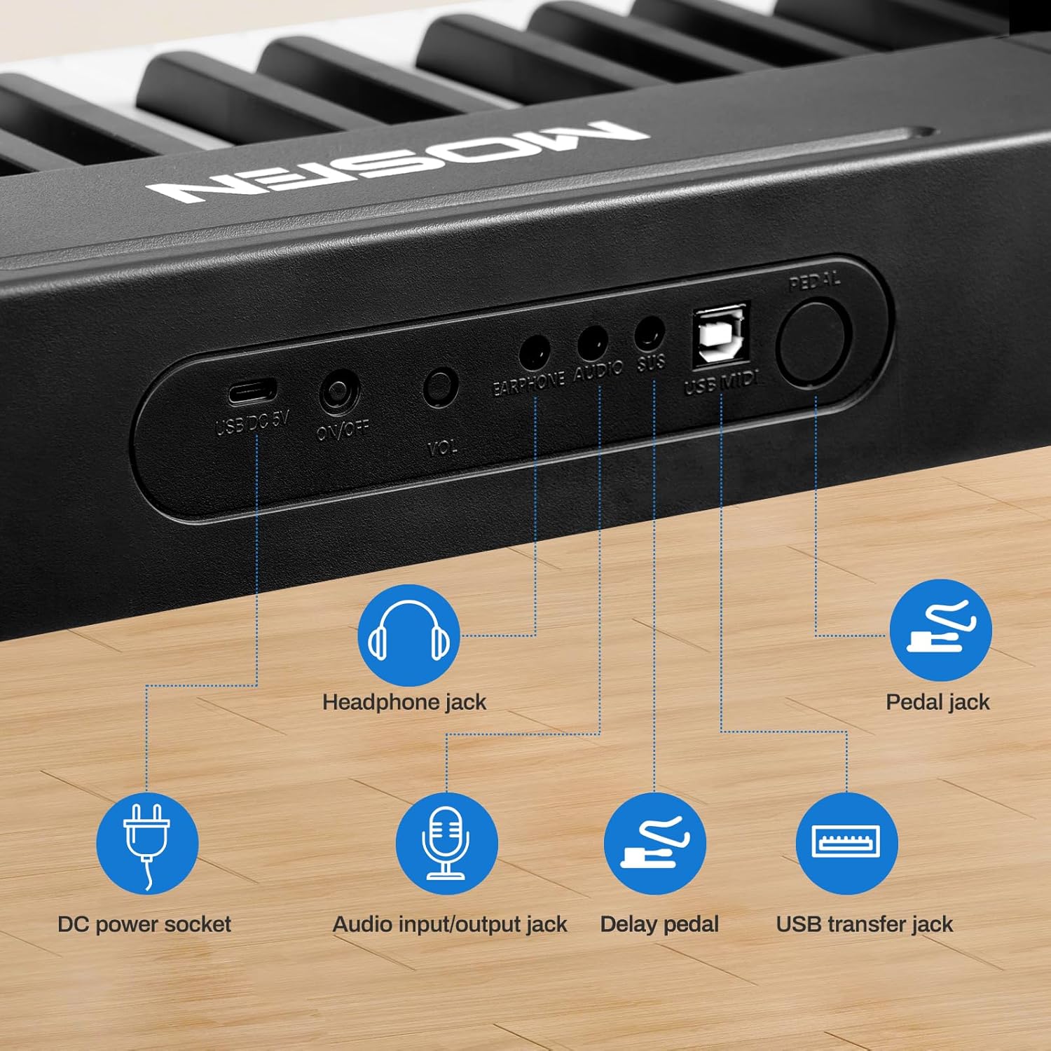 MOSEN 88-key digital piano keyboard with semi-weighted keys, double keyboard, LED display, 380 tones, 128 rhythms, 88 demo songs, Piano Lessons, keyboard stand and sustain pedal.(MSP-45BK)-Black