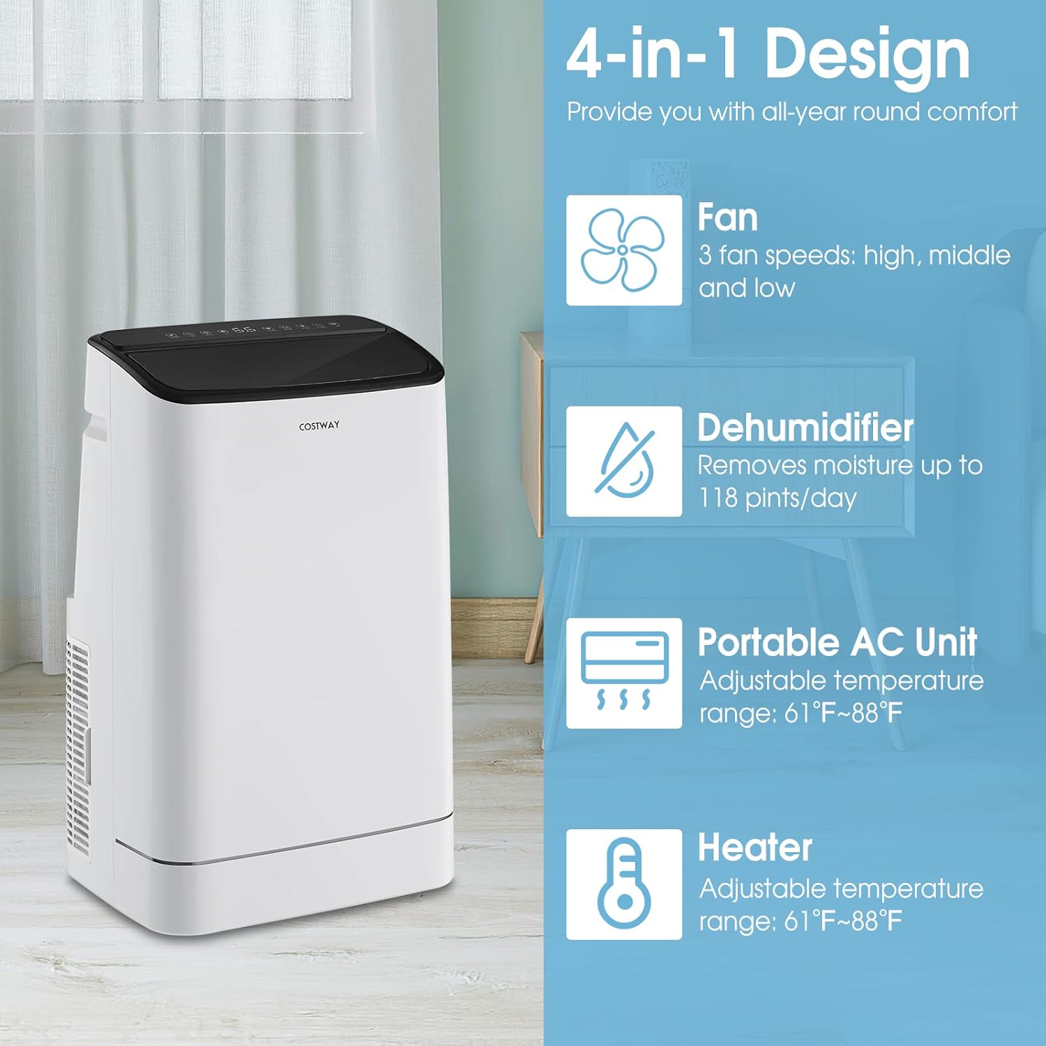 COSTWAY 15000 BTU Portable Air Conditioner, with Heat, Auto Swing 4-in-1 AC Unit for Rooms up to 800 Sq.Ft, with Built-in Dehumidifier, 24H Timer, Remote Control/APP Control & Window Kit(15000 BTU)