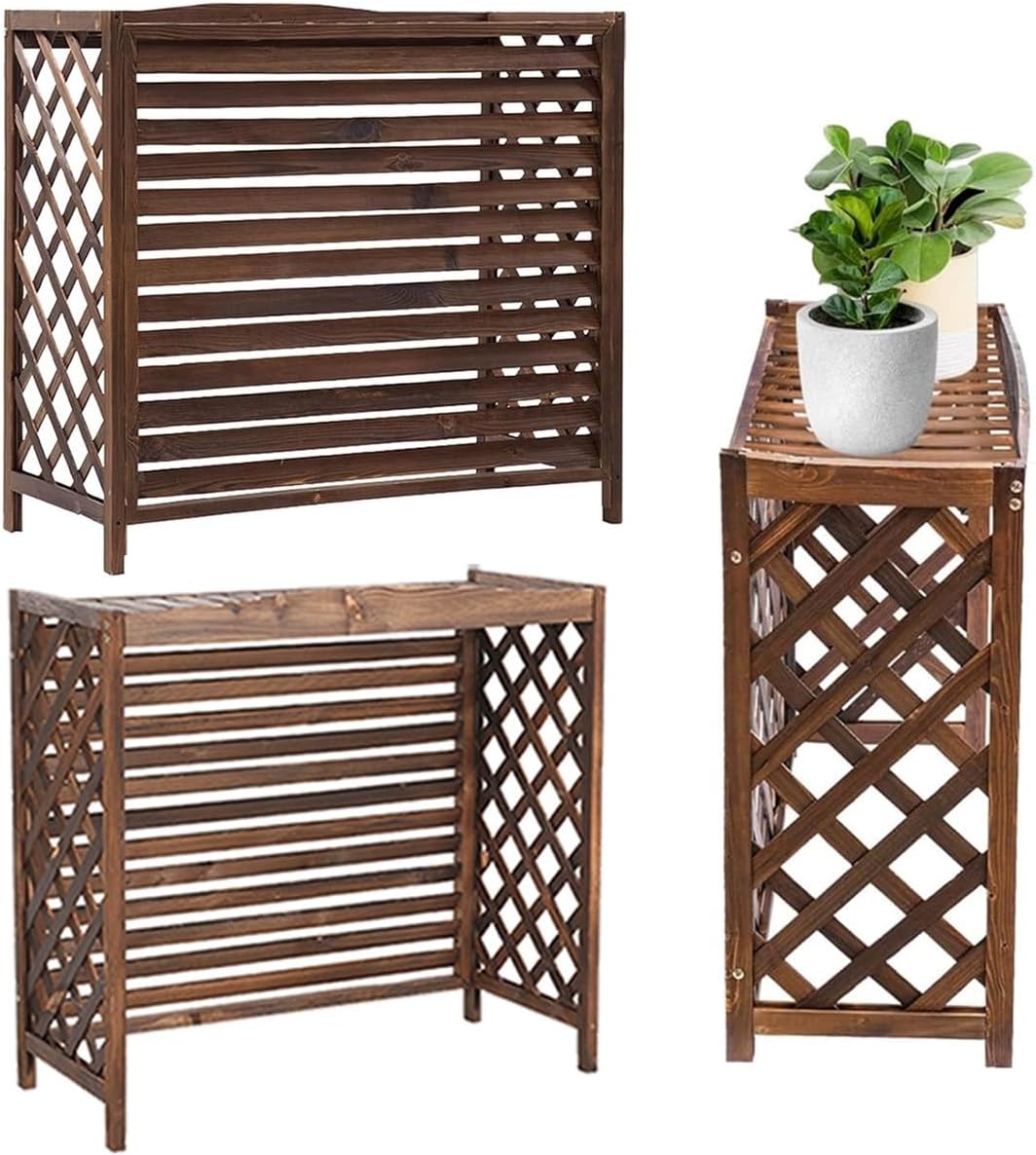 Air Conditioner Cover for Outside Units Stable Free Standing AC Fence Screen Wooden Storage Shelf for Outdoor Condenser Flower Shelf Decorative Easy to Install(Brown,L115cm*W54cm*H95cm)
