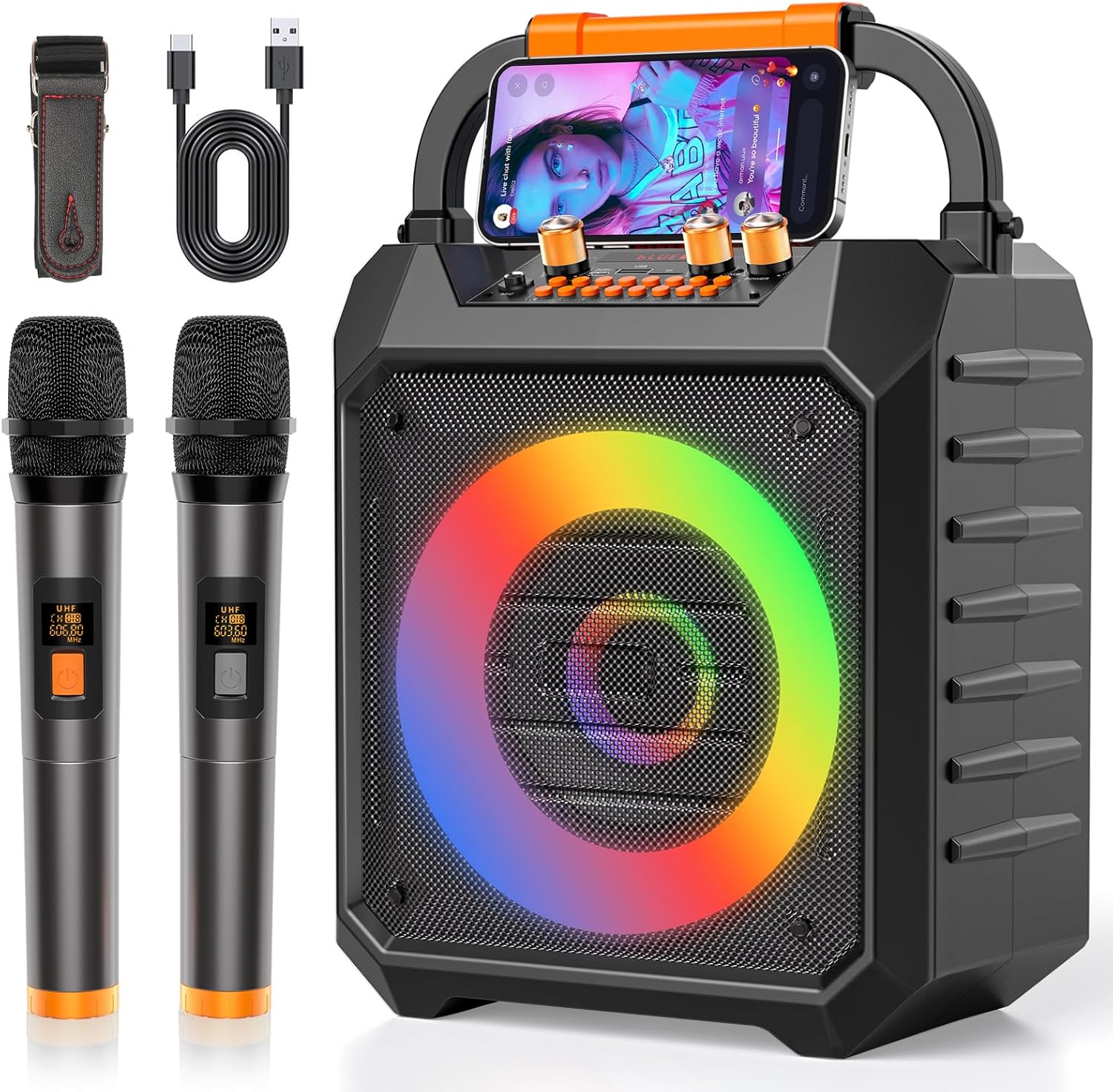 Portable Karaoke Machine with 2 Wireless Mics Bluetooth Karaoke Speaker with PA System for Adults,Parties,Home Use,Support BT/TF/USB/AUX/FM,Recording,LED Lights,Powerful Bass and Treble (K168N-Black)