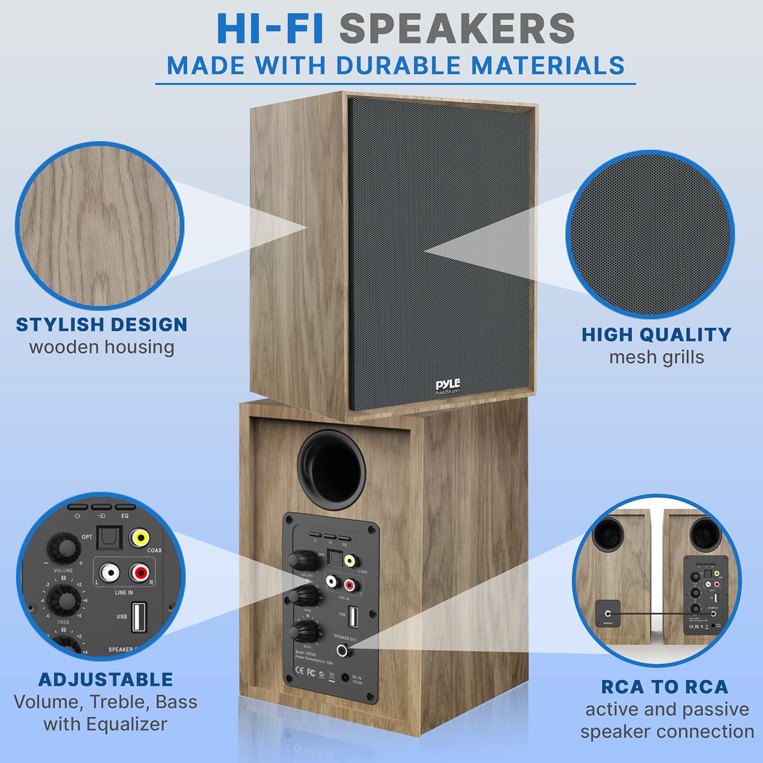 PyleUsa Powered Bookshelf Speaker Monitors HiFi Studio Monitor Computer Desk Stereo Speaker System Opt/Coax/RCA/USB/AUX Out Connection, VOL/TREB/BASS Control Studio Sound, Wood - PBKSRB40