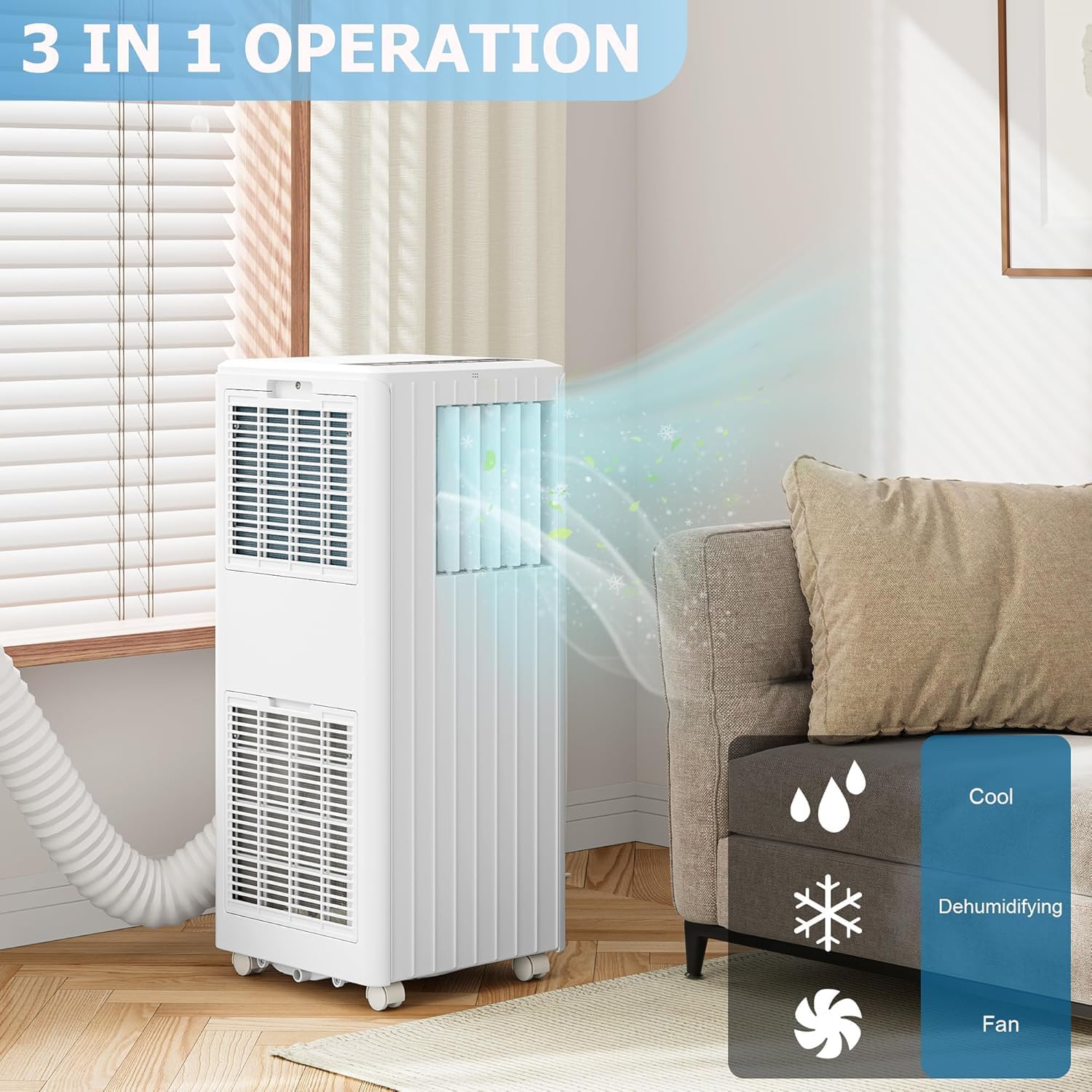 8000 BTU Portable Air Conditioner for Room up to 350 Sq.Ft 3-in-1 AC Unit with Cooling Fan & Dehumidifier Ultra-Quiet 24H Timer Remote Control Easy Install for Bedroom Office Living Room