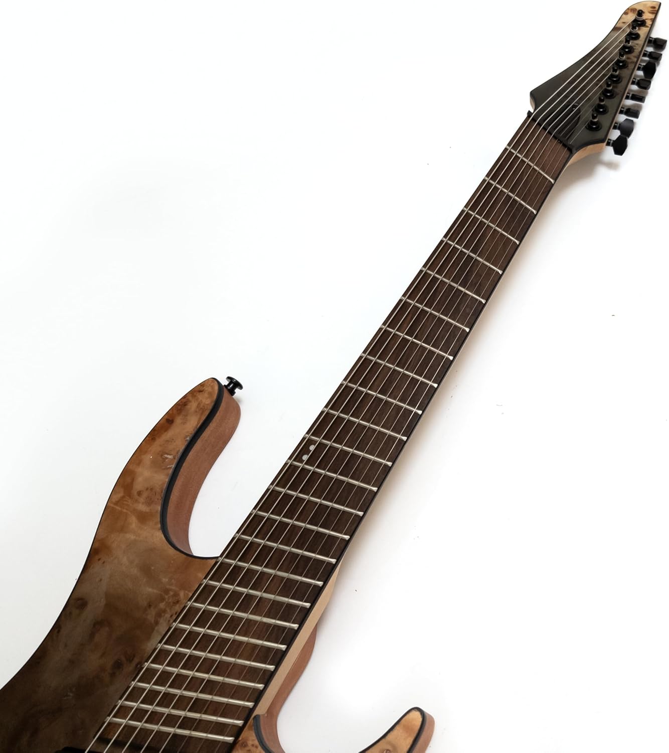 8-String Fanned Fret Electric Guitar, Grey Tide Fade, Mahogany Body Poplar Burl Top, Stainless Steel Frets