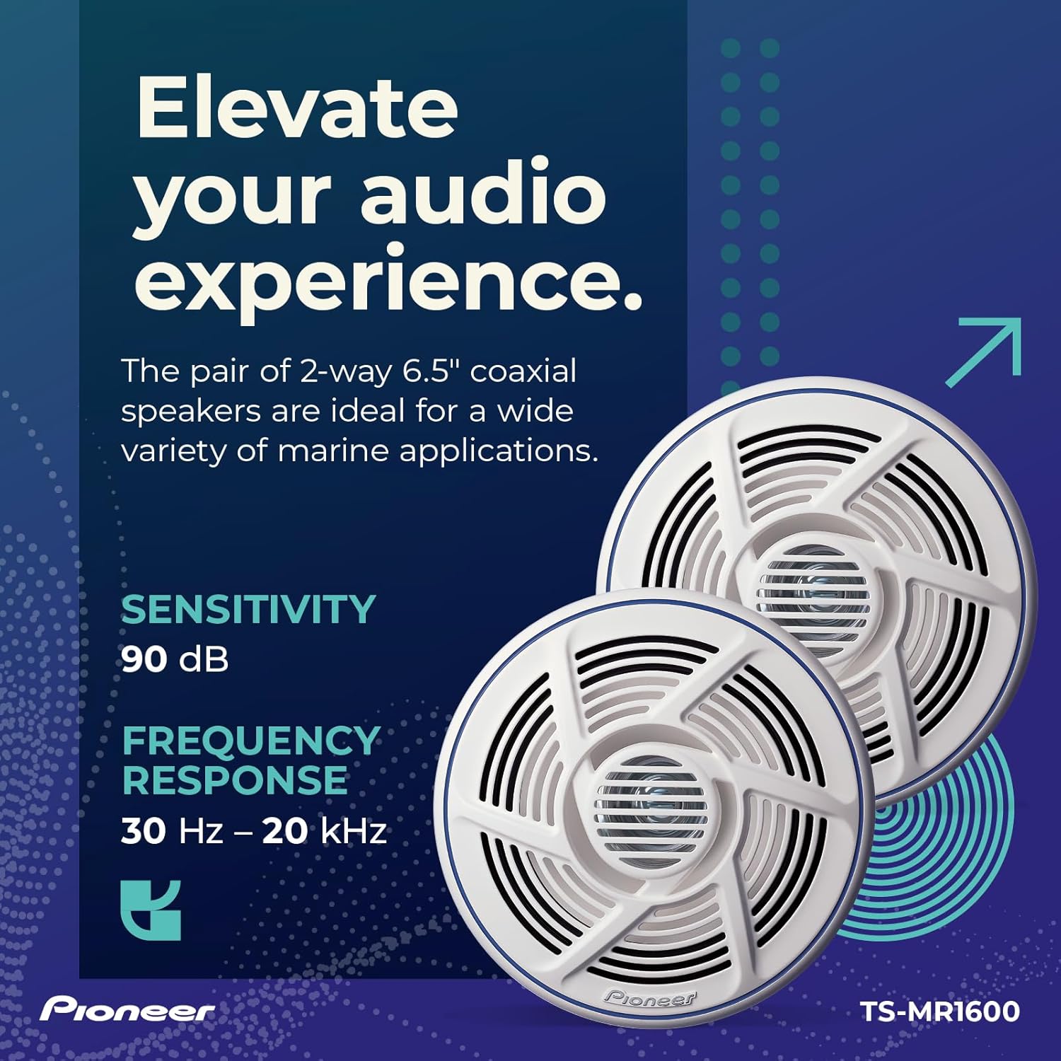 Pioneer TS-MR1600 6.5” Speakers (Pair) – 100W Max, Water-Resistant + UV-Protected, Built for Boats, UTV, ATV, SXS, Outdoor, Marine, All Purpose Speakers