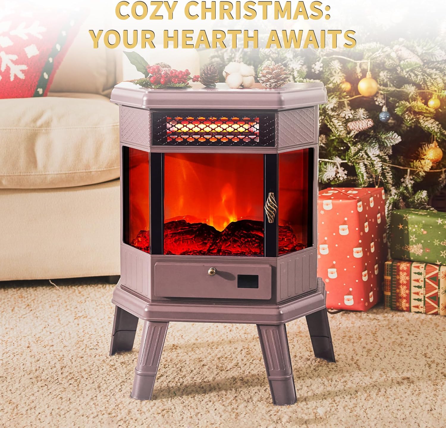 RealSmart Electric Fireplace Heater 22 in Freestanding Fireplace Stove Infrared Fireplace with 3D Flame Effect Remote Control, Timer, Overheating Protection Heater for Indoor Use Brown