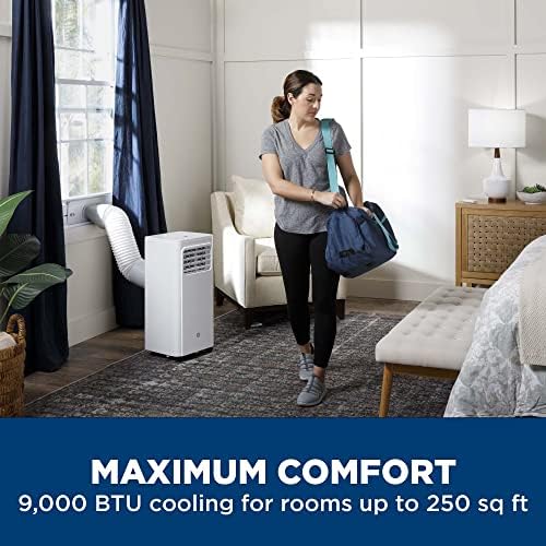 GE 9,000 BTU Portable Air Conditioner for Small Rooms up to 250 sq ft. (6,100 BTU SACC), 3-in-1 with Dehumidify, Fan and Auto Evaporation, Included Window Installation Kit