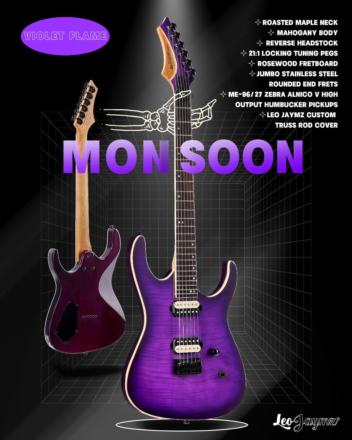 Leo Jaymz Electric Guitar Monsoon Series,Reverse Headstock,Mahogany Body,Roasted Maple Neck,Rosewood Fretboard,Locking Tuners,Rounded End Frets (Violet Flame)