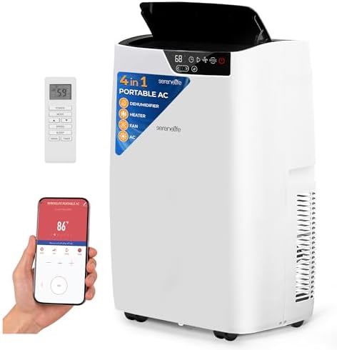 SereneLife Portable Air Conditioner 12000 BTU, 4-in-1 Compact Standing Air Conditioner for Room Up to 380 Sq. Ft., Touch Control Panel, High Efficiency CEER 7.22 and Auto Mode for Easy Operation