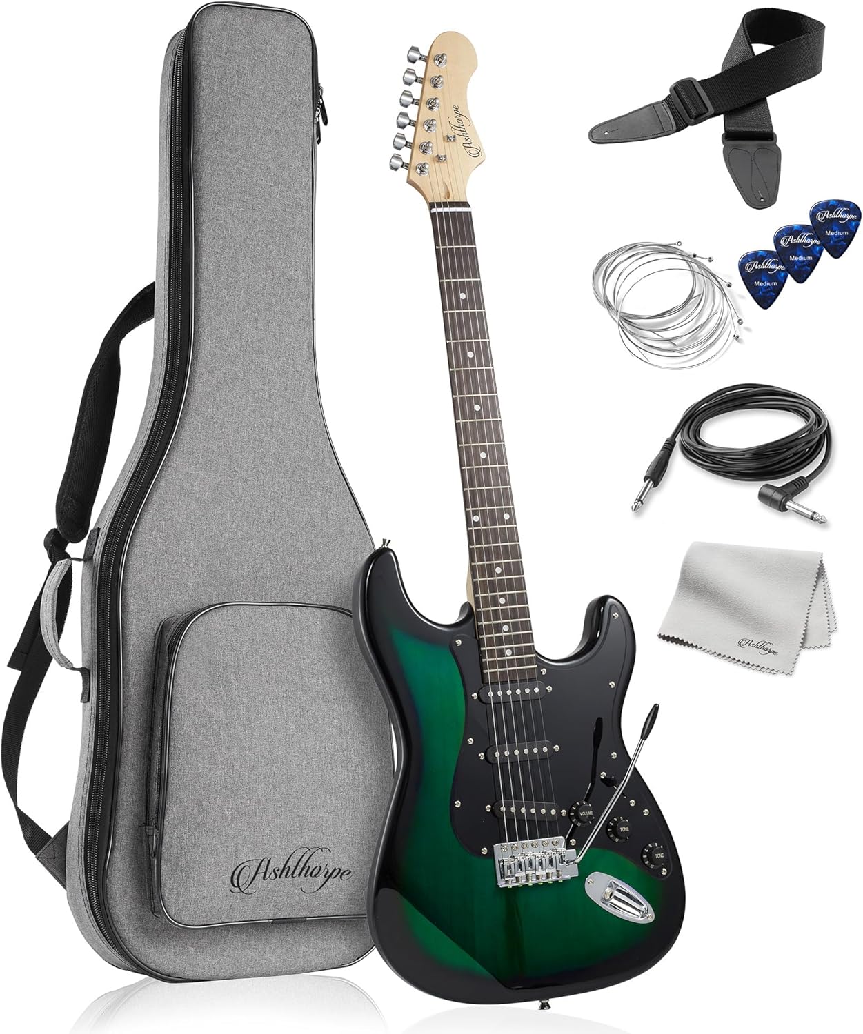 Ashthorpe 39-Inch Electric Guitar (Green-Black), Full-Size Guitar Kit with Padded Gig Bag, Tremolo Bar, Strap, Strings, Cable, Cloth, Picks