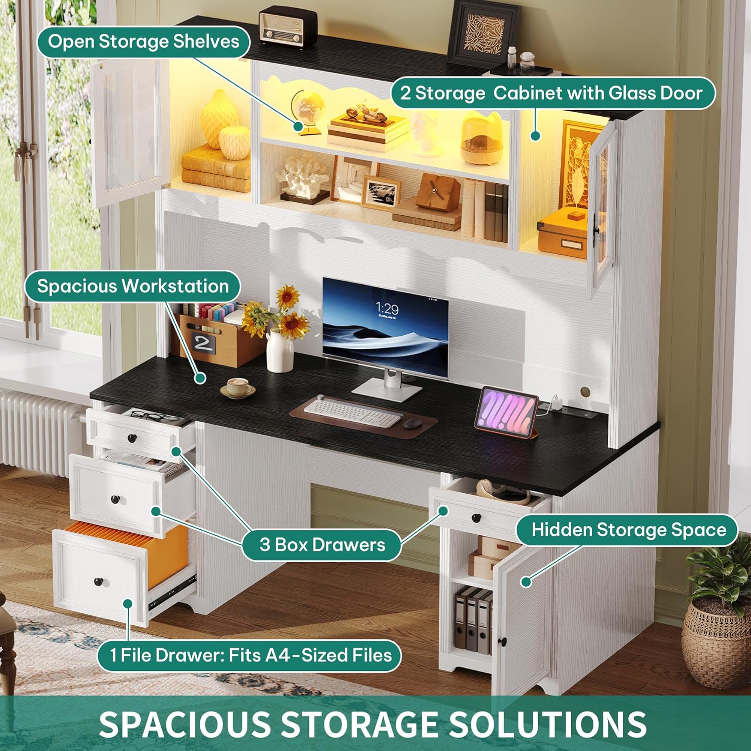 YITAHOME Executive Desk with Hutch and Drawers, Farmhouse Computer Desk with Power Outlet & LED Lights, Home Office Desks with Storage Shelves, Storage Cabinet with Glass Door, White & Black