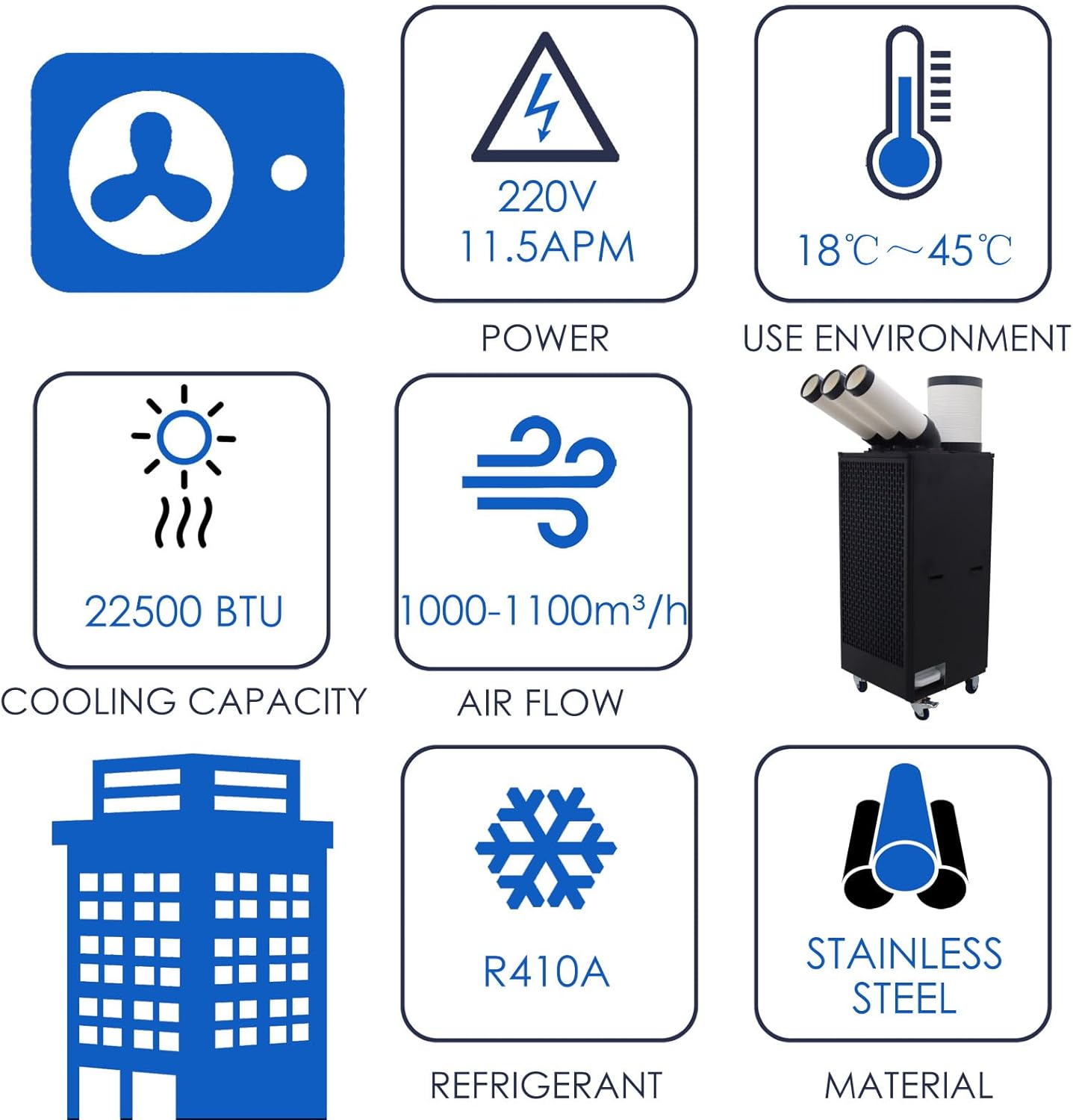 Portable Air Conditioner Industrial Spot Cooler Mobile Cooling Aircon with 13L Large Tank and Wheels for Hospital Warehouse Workshop 220V 2500W