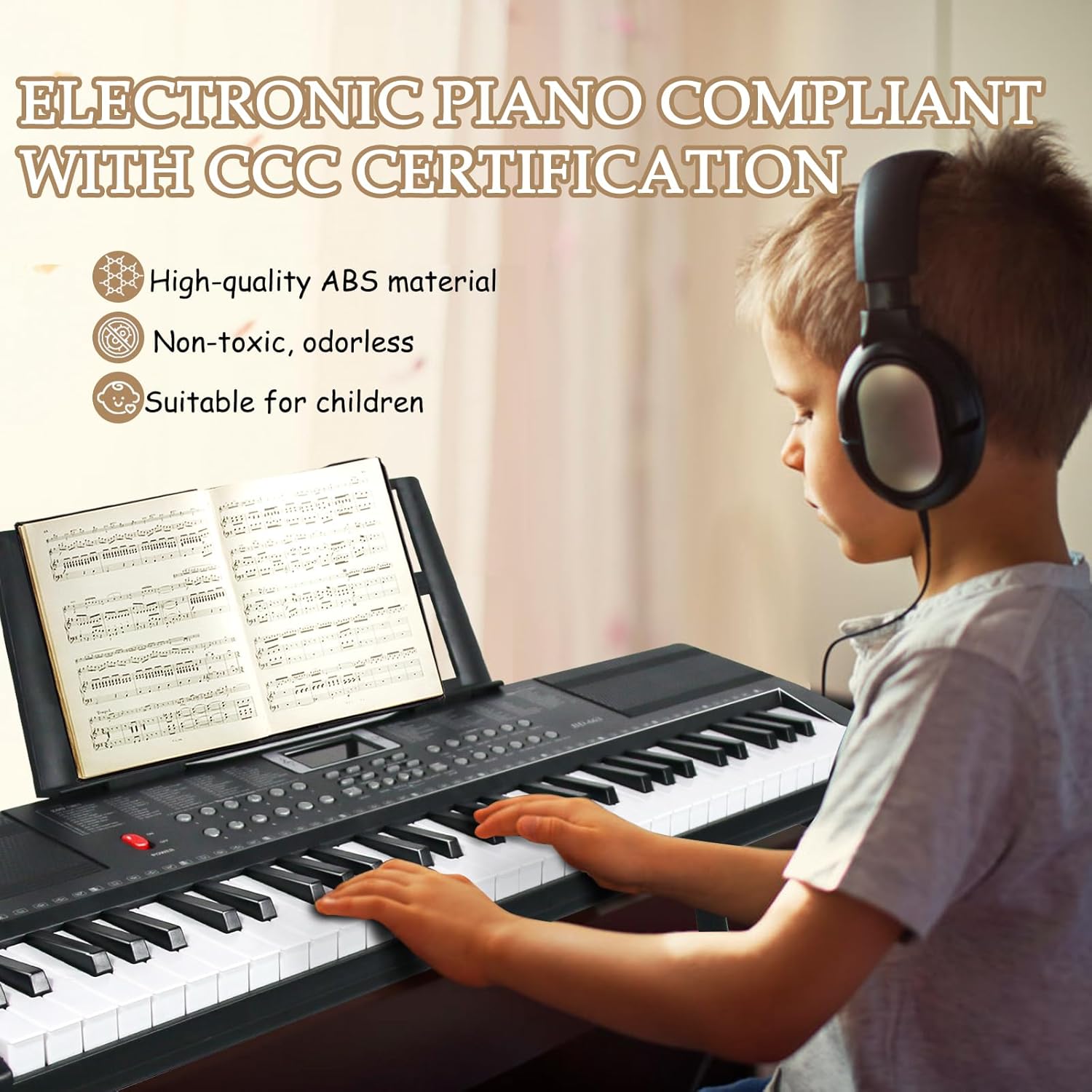 Keyboard Piano 61 Key Electric Piano Keyboard for Beginners/Professional, Full Size Light Up Music Keyboard Built-in Dual Speakers with LED Display, Stand, Music Stand, Microphone, Bench (Black A)